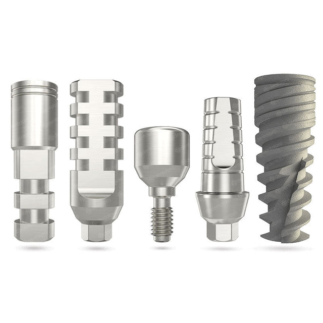 Neo spiral dental implant + straight shoulder abutment + healing cap + transfer + analog