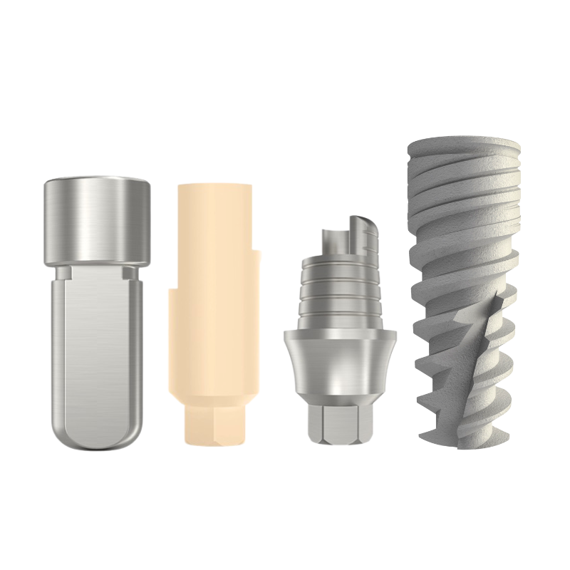 Set of dental implant components on a white background